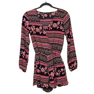 Living Doll Neon Playsuit Romper Long Sleeve Floral Elastic Waist Shorts Size XS